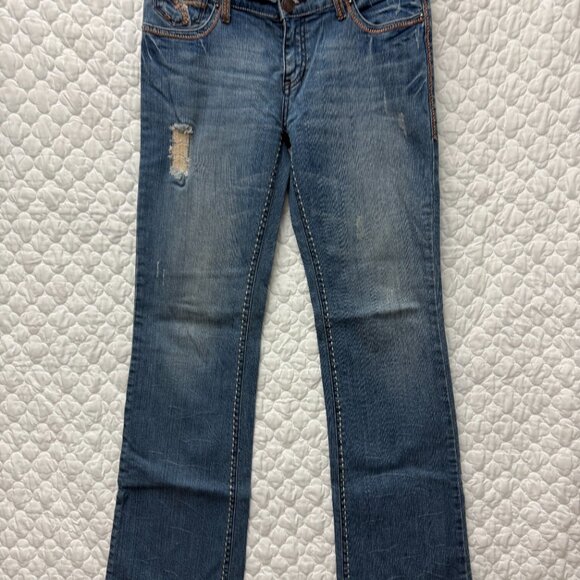 Petrol Distressed Denim Jeans 29x34 bootcut flare Low‎ Rise Size 8 - Picture 1 of 16
